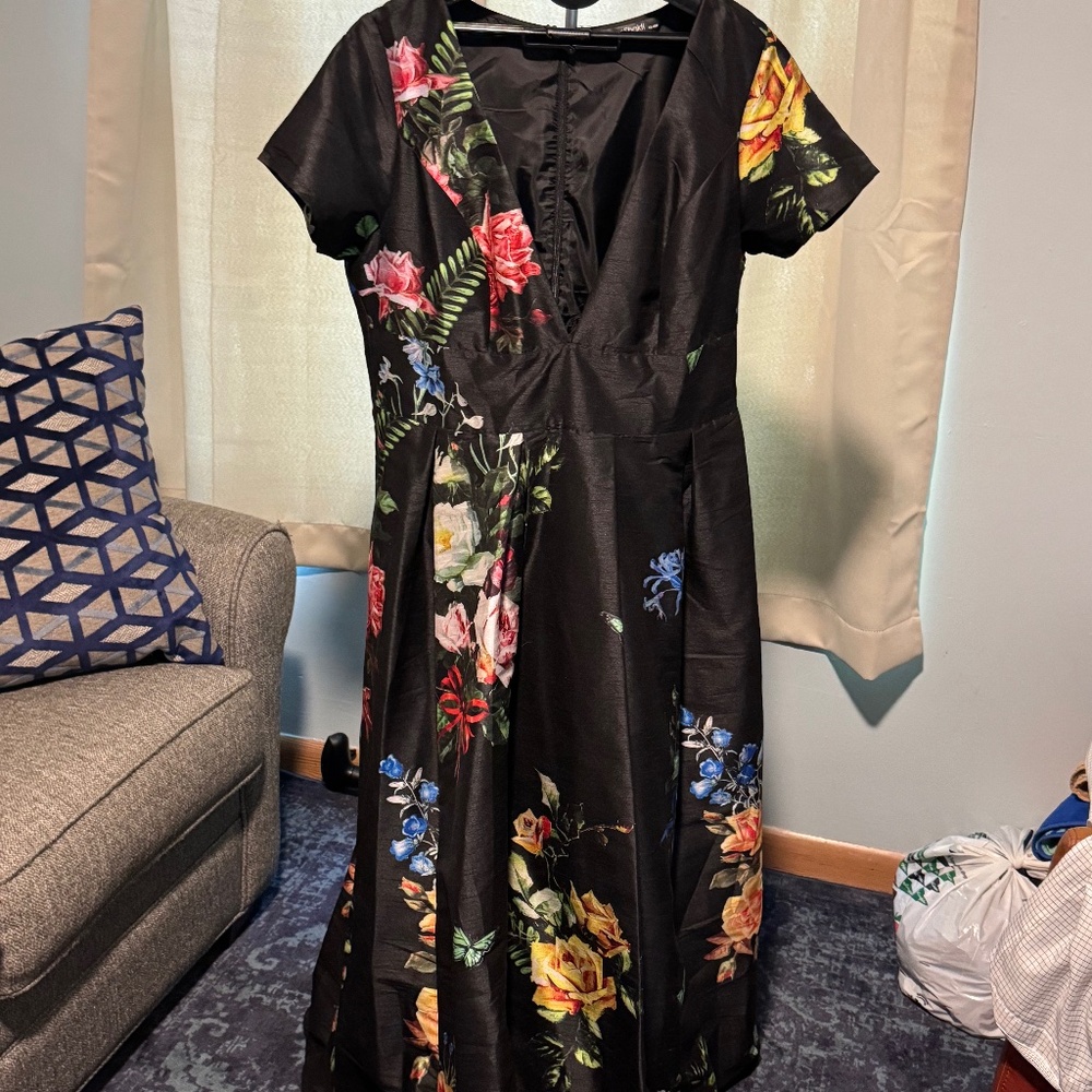 eshakti Black Floral V-Neck Evening Dress with Red, Yellow, Pink, Blue Flowers